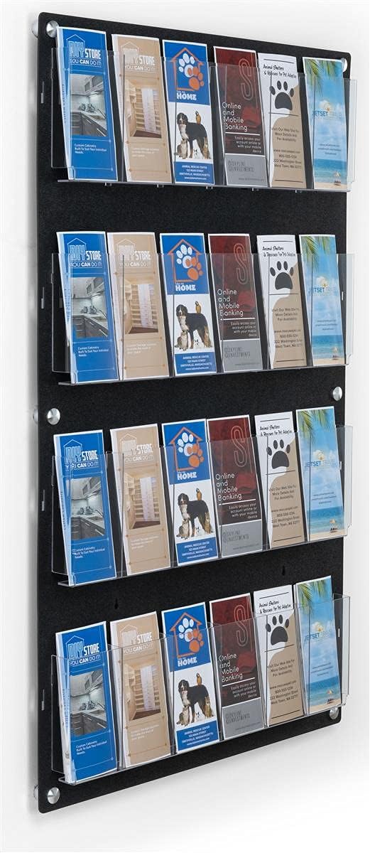 Displays2go Wall Pamphlet Display, Acrylic, 12/24 Adjustable Slots, Aluminum Standoffs - Black (2RP12BLK)