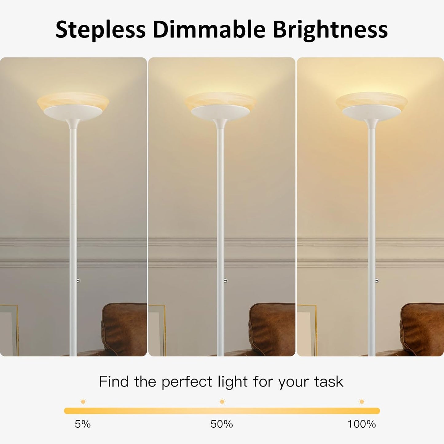 BoostArea Torchiere Floor Lamp, 24W Super Bright LED Standing Lamp, Stepless Dimmable Pole Lamp with 3000K Lighting, Glass Lampshade, 71Inch Tall Metal Modern Floor lamps for Living Room/Bedroom White