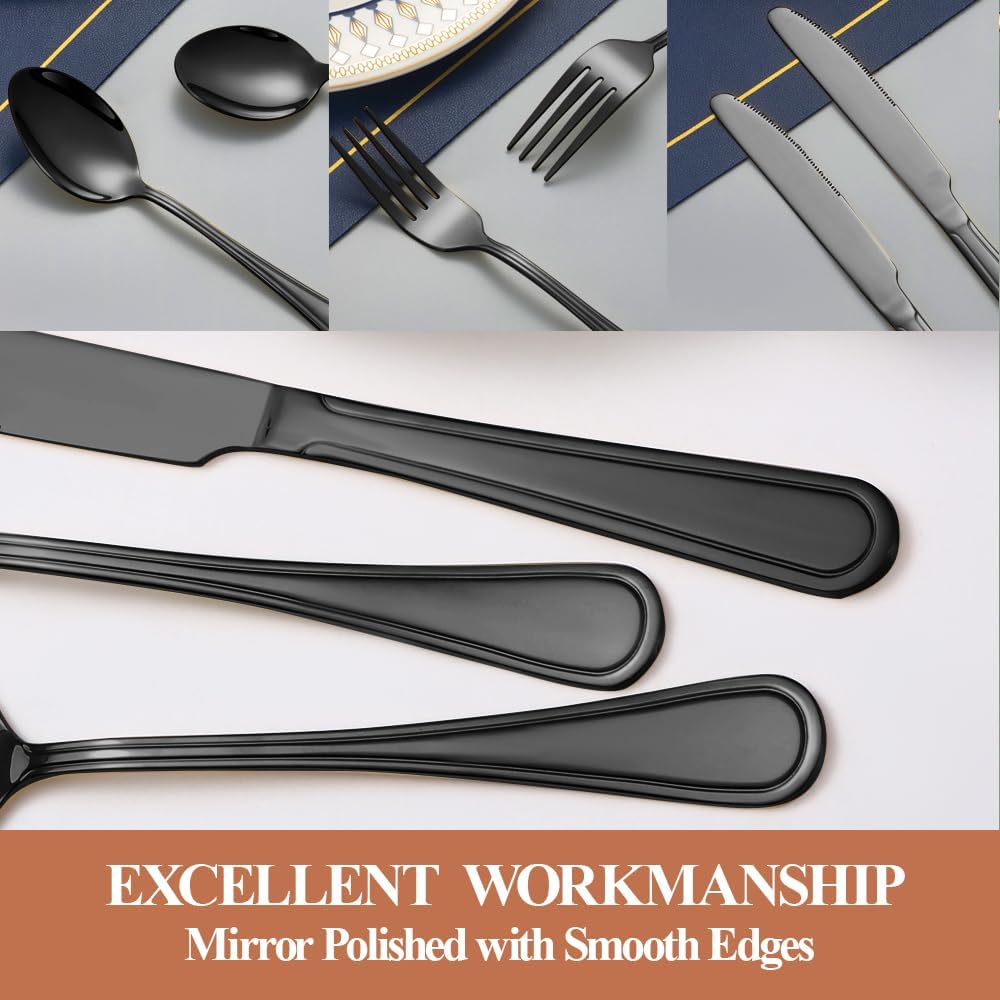 20 Pcs Black Silverware Set for 4 with Simple Striped Handle Design, Food Grade Stainless Steel Flatware Set, Eating Utensils Sets Include Fork/Knife/Spoon, Cutlery Set, Dishwasher Safe