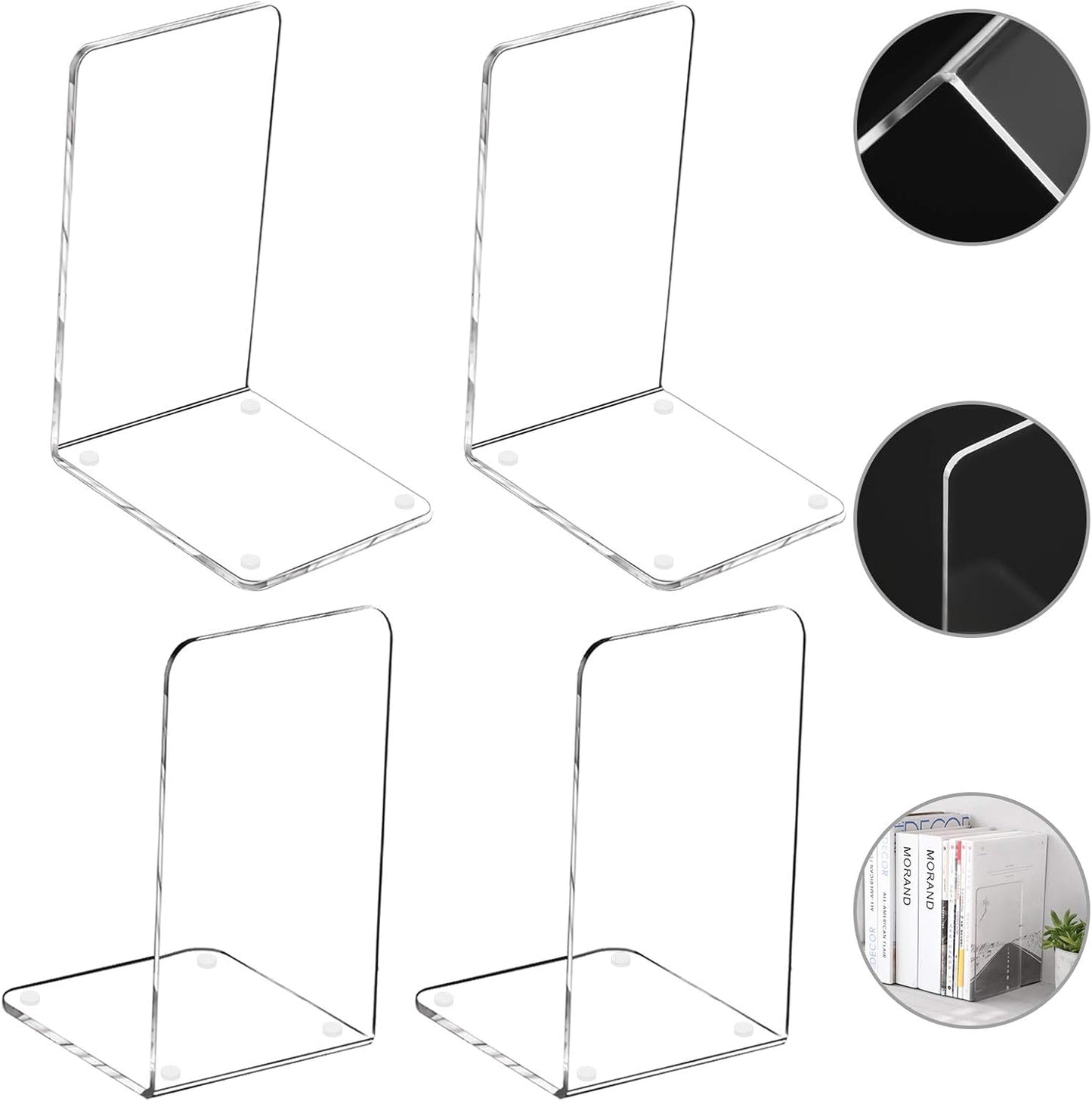 Lulonpon 4 Pieces Book Ends, Bookends, Books End for Shelves, Books End for Heavy Books, Clear Bookends, Acrylic Book Ends for School, Library,Desktop Organizer and Book Shelves