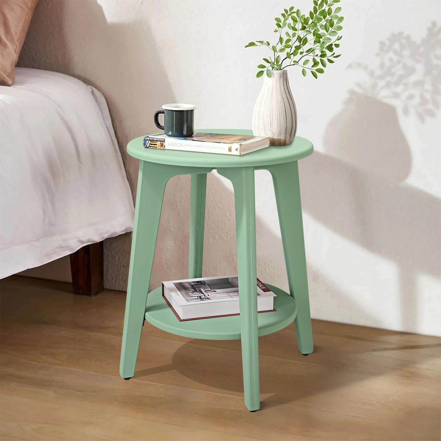 Round Side Table Green Wooden End Table with Lower Shelf Rustic Vintage Nightstand Beside Table for Living Room Bedroom Small Spaces
