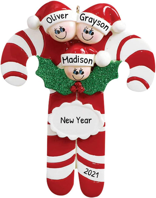Candy Cane Family of 3 Ornament 2025 Personalized Family Christmas Ornaments 2025 | Holiday Keepsake Holly Berries Personalized Tree Ornaments for Grandchildren, Siblings & Grandkids of Three Ornament