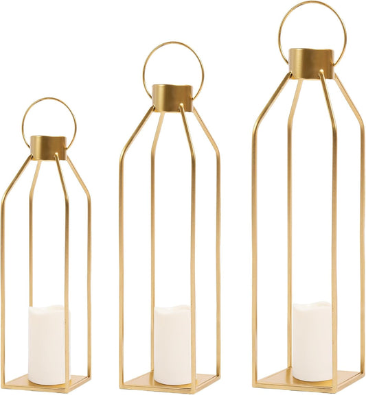 HPC DECOR Modern Farmhouse Lantern Decor- 22''19''16''Tall Large Gold Metal Candle Lanterns for Home Decor-Lanterns Decorative w/Timer Flickering Candles for Living Room,Outdoor,Fireplace Mantle Decor