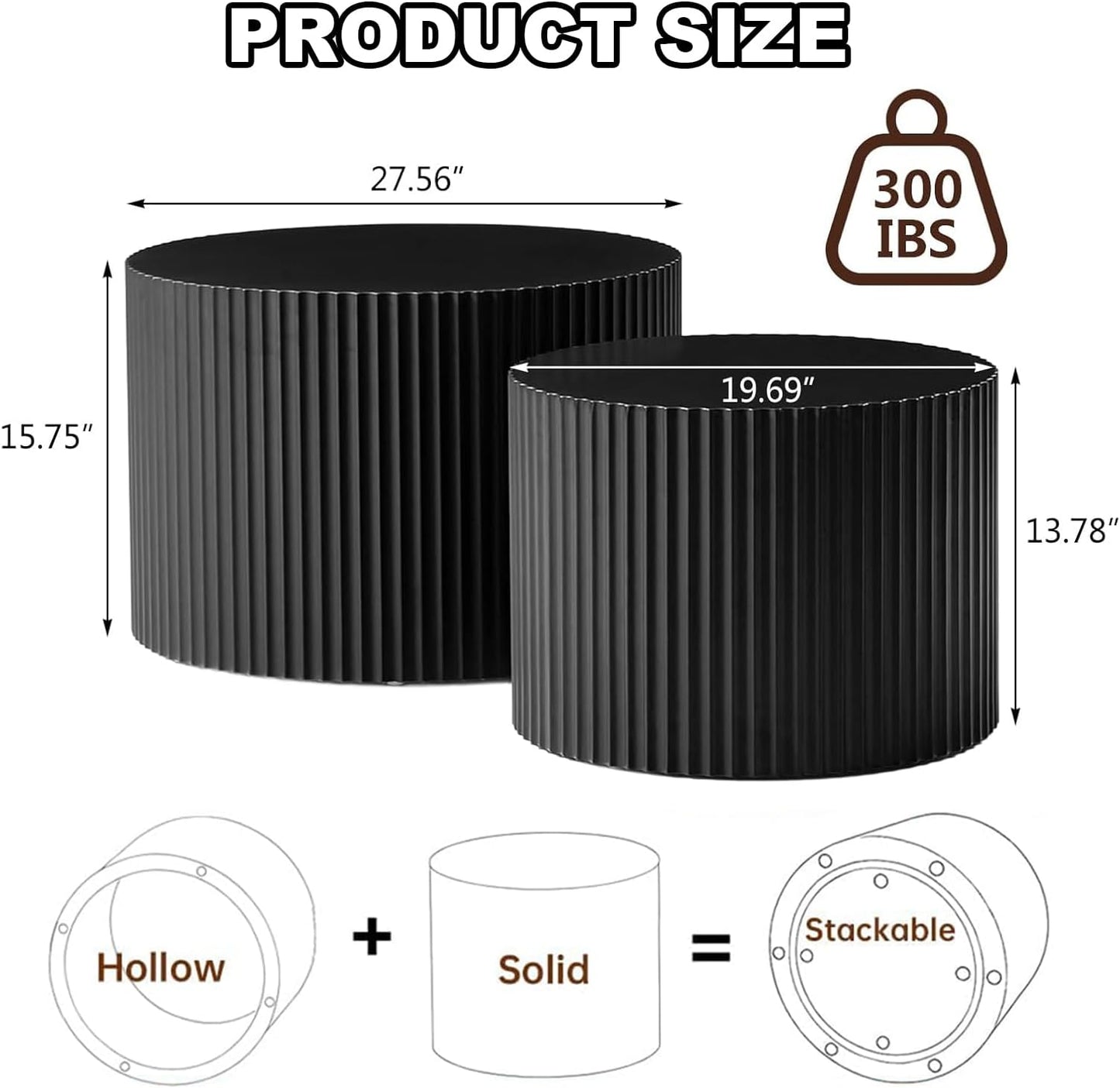 Nesting Coffee Table Set of 2 Modern Black Handcraft Fluted Coffee and End Table Sets Wooden Drum Small Round Side Table Funky Center Tables for Living Room,No Assembly,Black Large