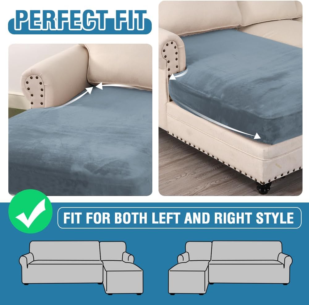 H.VERSAILTEX Velvet Stretch Individual Chaise Cover Sectional Couch Covers for L Shaped Sofa Both Left/Right Furniture Protector Seat Cushion Sofa Cover (1 Piece Chaise Cover, Stone Blue)