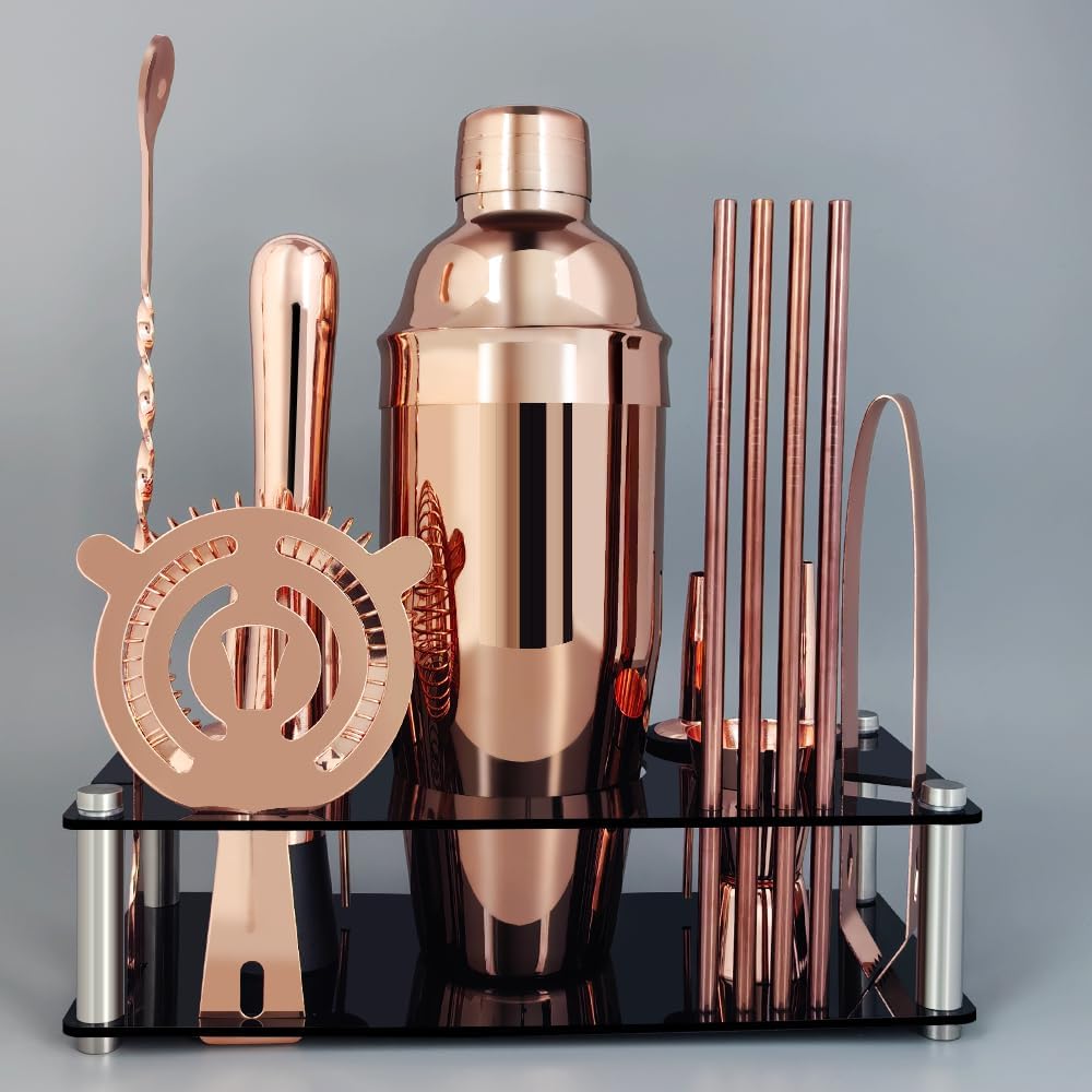 14-Piece Cocktail Shaker Set Bartender Kit with Black Stand, Bar Tool Set for Drink Mixing Bartending Kit Bar Sets Accessories: 750ml(25oz) Shaker, Jigger, Muddler, Cocktail Recipes (Rose Gold)
