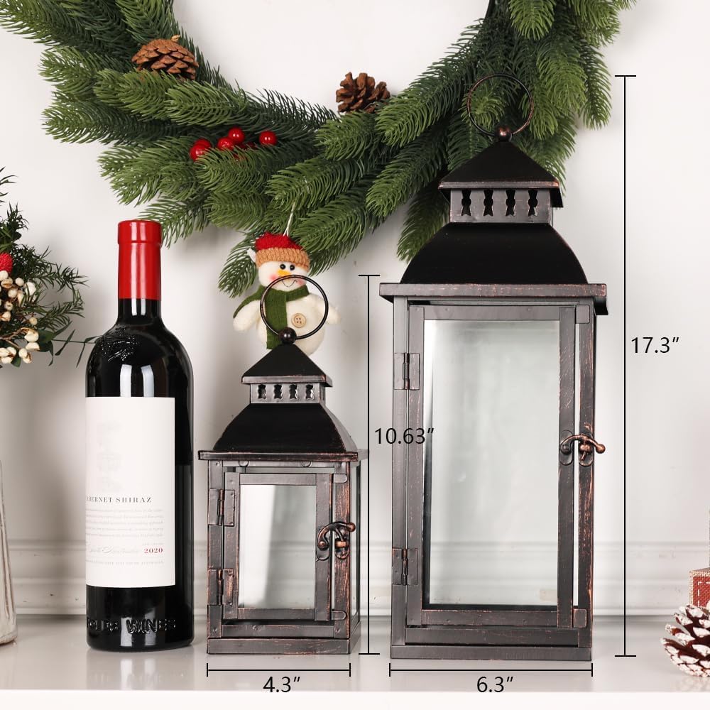 NEEDOMO Bronze Metal Lanterns Decorative Outdoor & Indoor, Set of 4 (17" & 10") with Glass, Candle Holder for Porch, Patio, Garden, Balcony, Wedding, Table Centerpiece Decorations