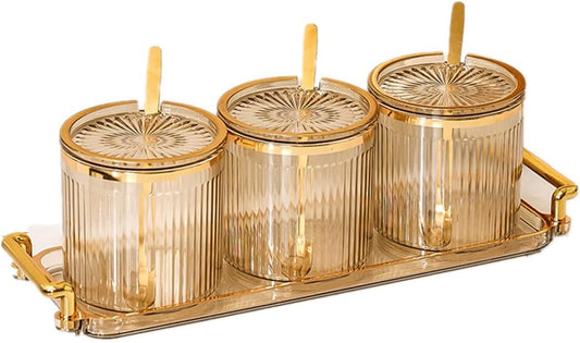 Acrylic Condiment Spice Jars,Condiment Spice Box With Lids and Spoons and Tray,Clear Plastic Sugar Salt Canisters,Seasoning Box 3 Pack,Seasoning Box Set for Kitchen to Storage Salt,Paprika,Sugar