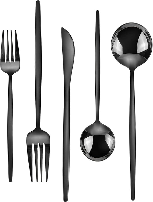 Black Silverware Set, KassKa 40 Pieces Flatware Cutlery Set, Stainless Steel Utensils Set Spoon Fork Knives Set for Home Restaurant and Kitchen, Mirror Polished Finished, Service for 8
