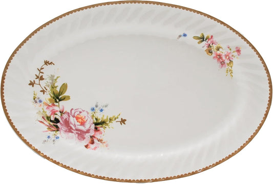 Lynns Paradise Timeless Rose 14-Inch Oval Platter, Set of 2, Pink; Heavy Duty; Chip Resistant; Lead and Cadmium Free; Freezer to Oven Safe up to 500°F