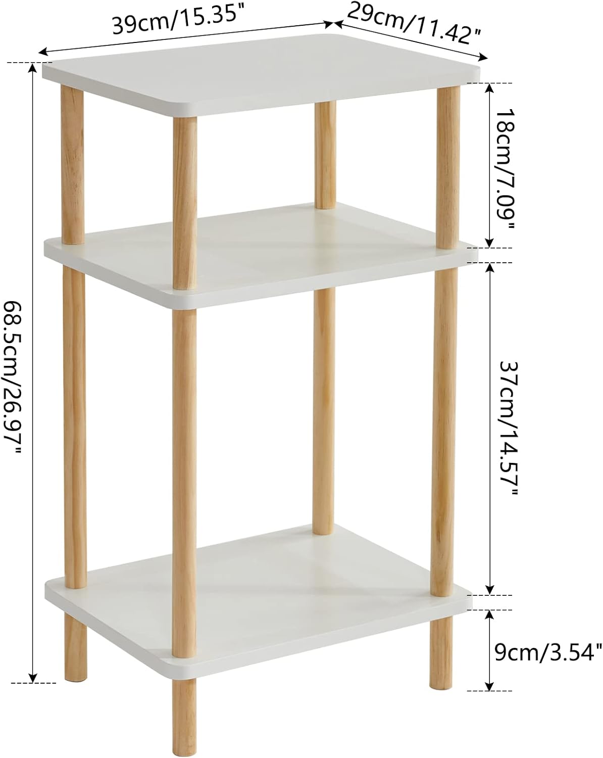 IBUYKE 3-Tier Side Table, Solid Wood Tall End Table with Storage Shelves, Nightstand Bedside Table for Living Room Bedroom Office, No-Tool Assembly, White UWST003W