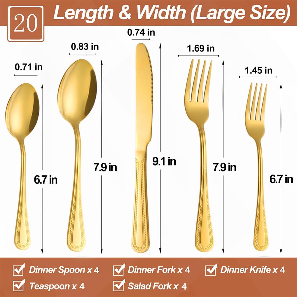 20 Pcs Gold Silverware Set for 4 with Pearled Edge Handle design, Food Grade Stainless Steel Flatware Set, Eating Utensils Sets Include Fork/Knife/Spoon, Reusable Cutlery Set, Dishwasher Safe