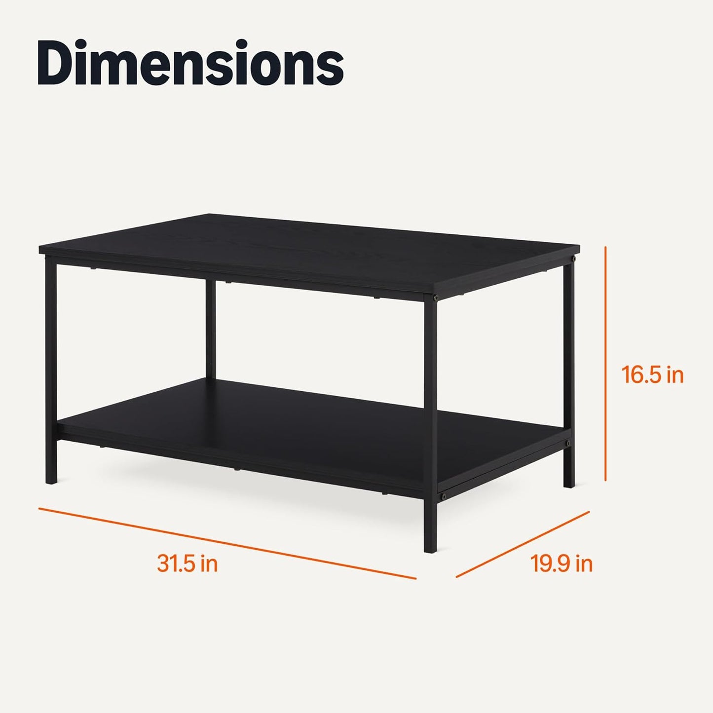 Amazon Basics Rectangular Coffee Table with Bottom Shelf, Living Room Centre Table, Wooden Black, 19.9" D x 31.5" W x 16.5" H
