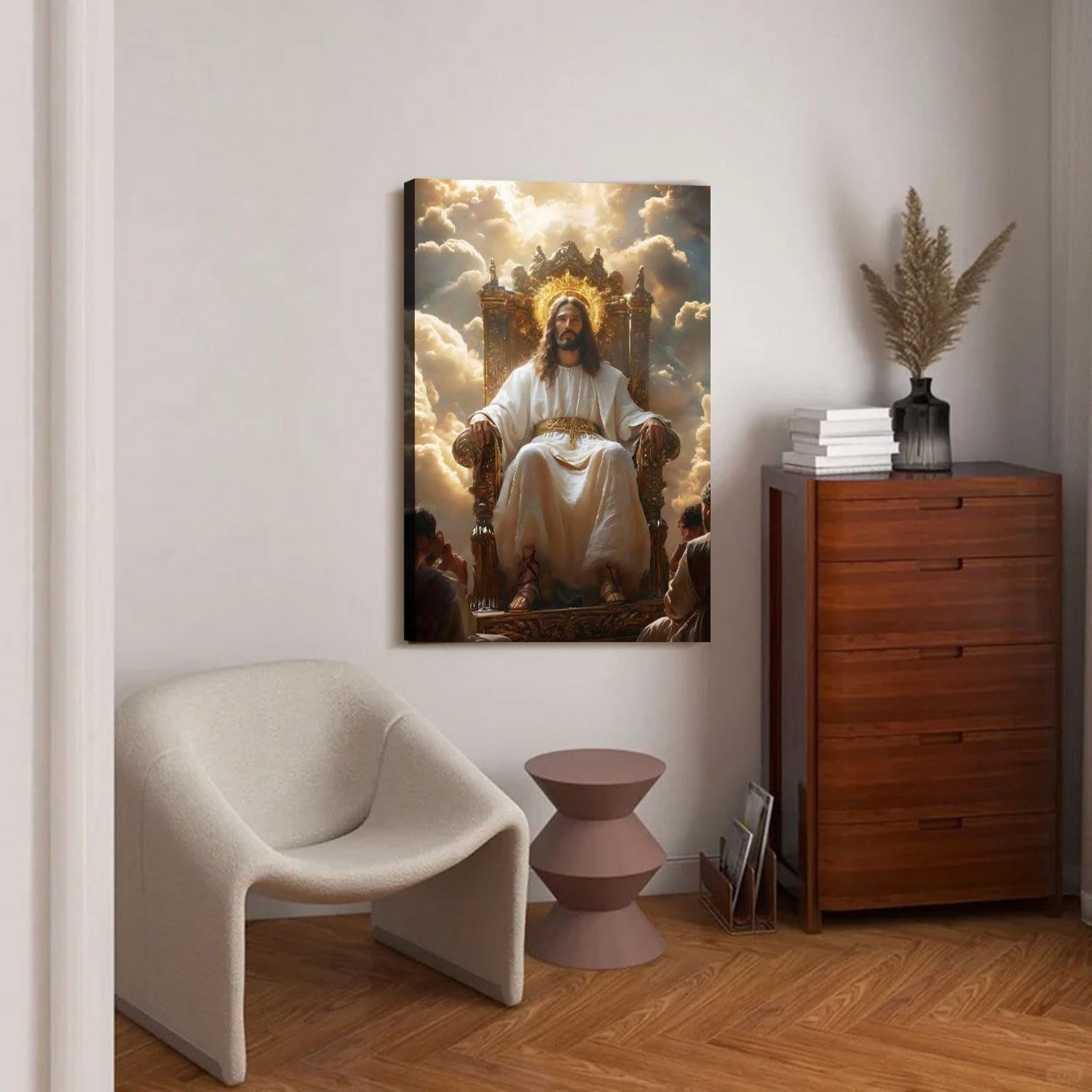 Framed Canvas Wall Art Painting Jesus Sitting on the Throne Religious Poster Faith Revelation Gallery Picture Print for Living Room Bedroom Church Decor 16x24 Inch Ready to Hang