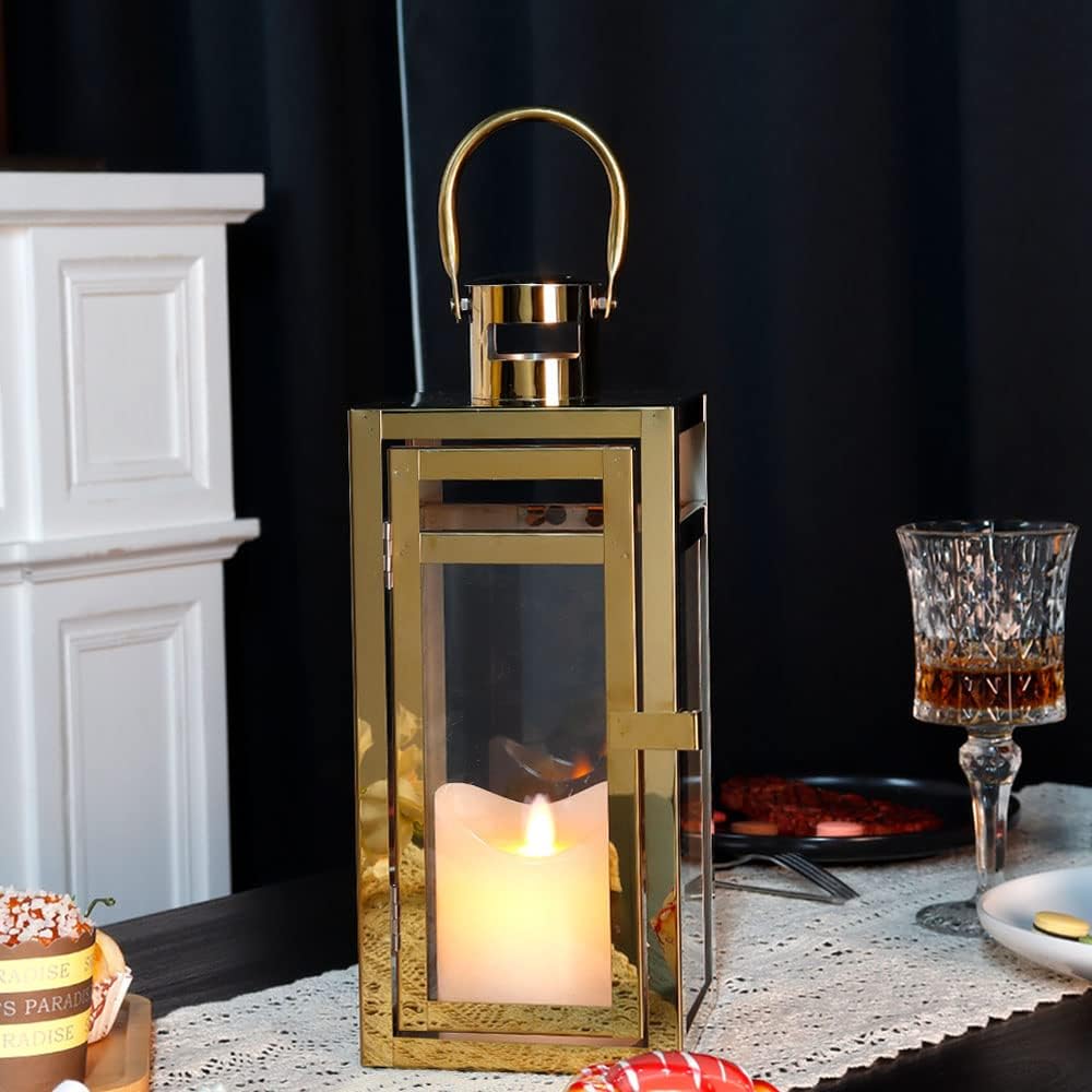 TRIROCKS Stainless Steel Decorative Lantern 12'' High Metal Candle Holder Outdoor Candle Lantern with Tempered Panels for Christmas Home Decor Living Room Parties Events Tabletop Indoor Outdoor (Gold)