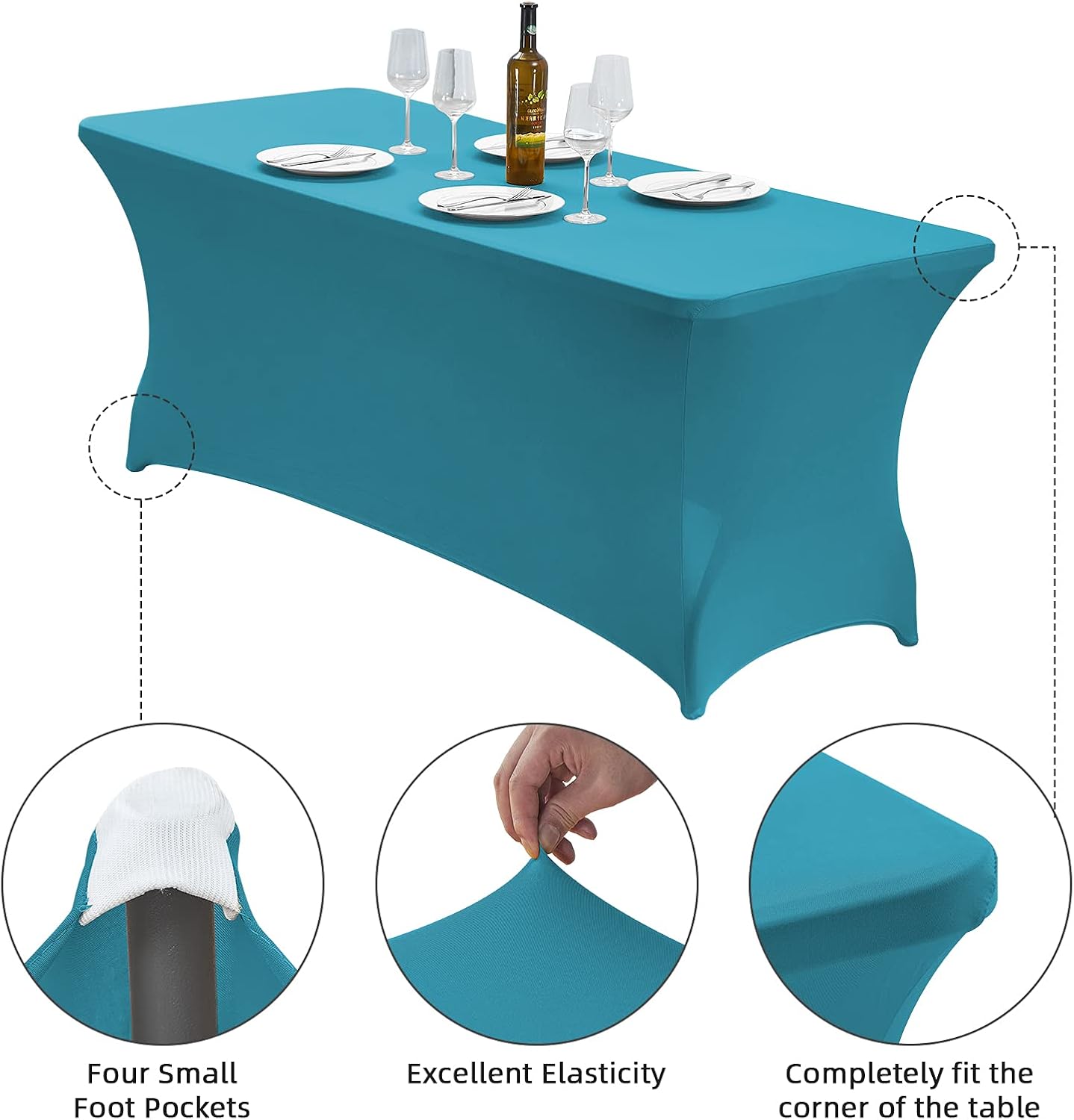 CWK 8FT Waterproof Stretch Spandex Table Cover for Rectangular Tables - Elastic Fitted Tablecloth for Folding Tables,Wrinkle Resistant Table Cloth for Parties, Weddings, Banquets & Events (Teal)