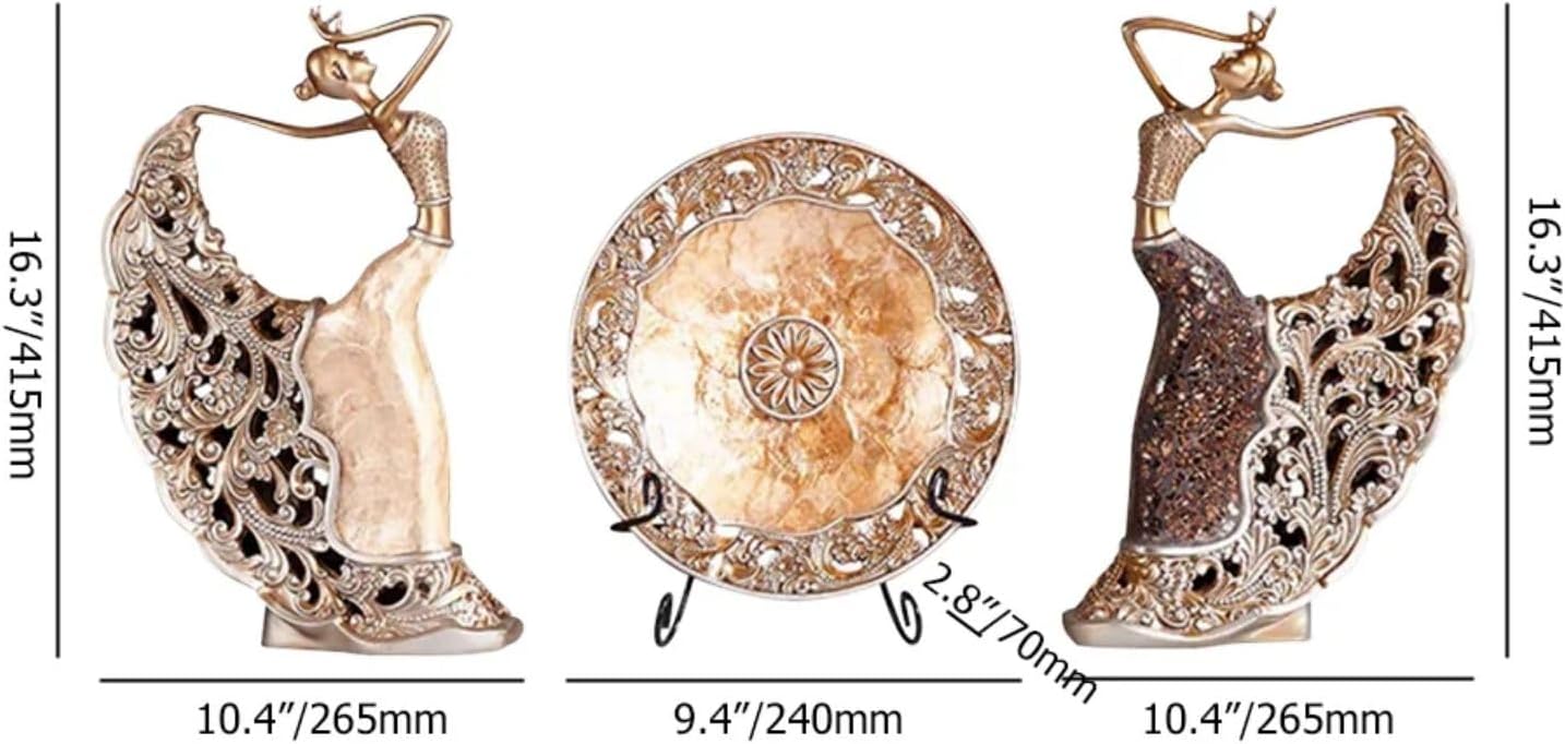 homary 3PCS Peacock Dancer Figurines Statue Vintage Romantic Resin Sculpture Set Decorative Ornaments for Office Desktop Bookshelf Decor, Gold
