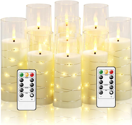 Flickering Flameless LED Candles,Battery Operated Candles 9 Pcs with Embedded Star String,Acrylic LED Pillar Candles with Remote,Suitable for Home Decoration to Create an Atmosphere (Ivory)