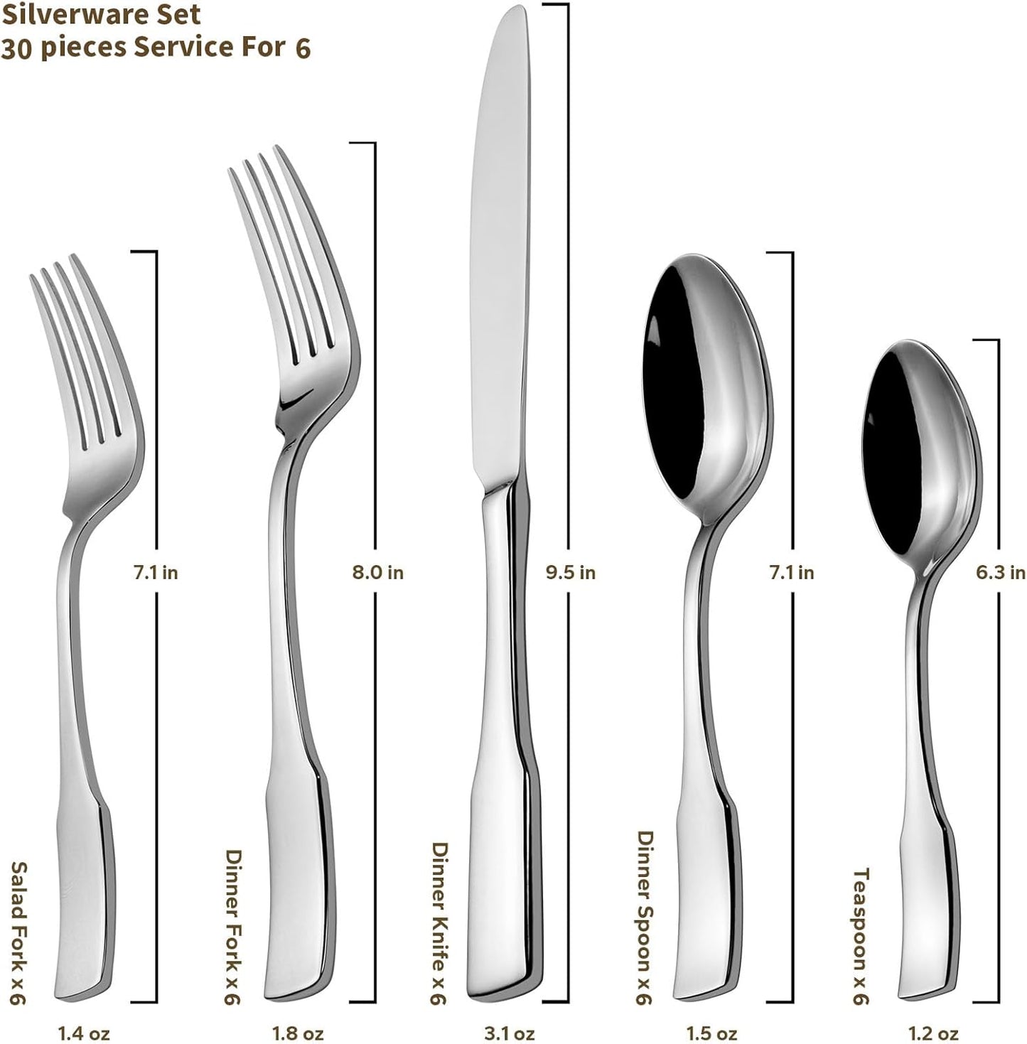 Alata Kate 30-Piece Silverware Set Stainless Steel Flatware Set,Service for 6,Mirror Polished Cutlery Set,Dishwasher Safe