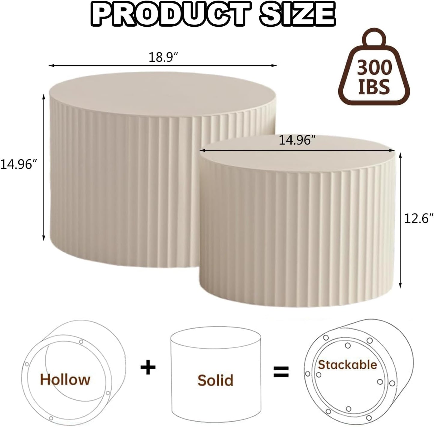 Round Nesting Coffee Table Set of 2, Modern Coffee and End Table Set Small Circle Wooden Drum Side Table Accent End Tables for Living Room Office, No Assembly,Cream Small