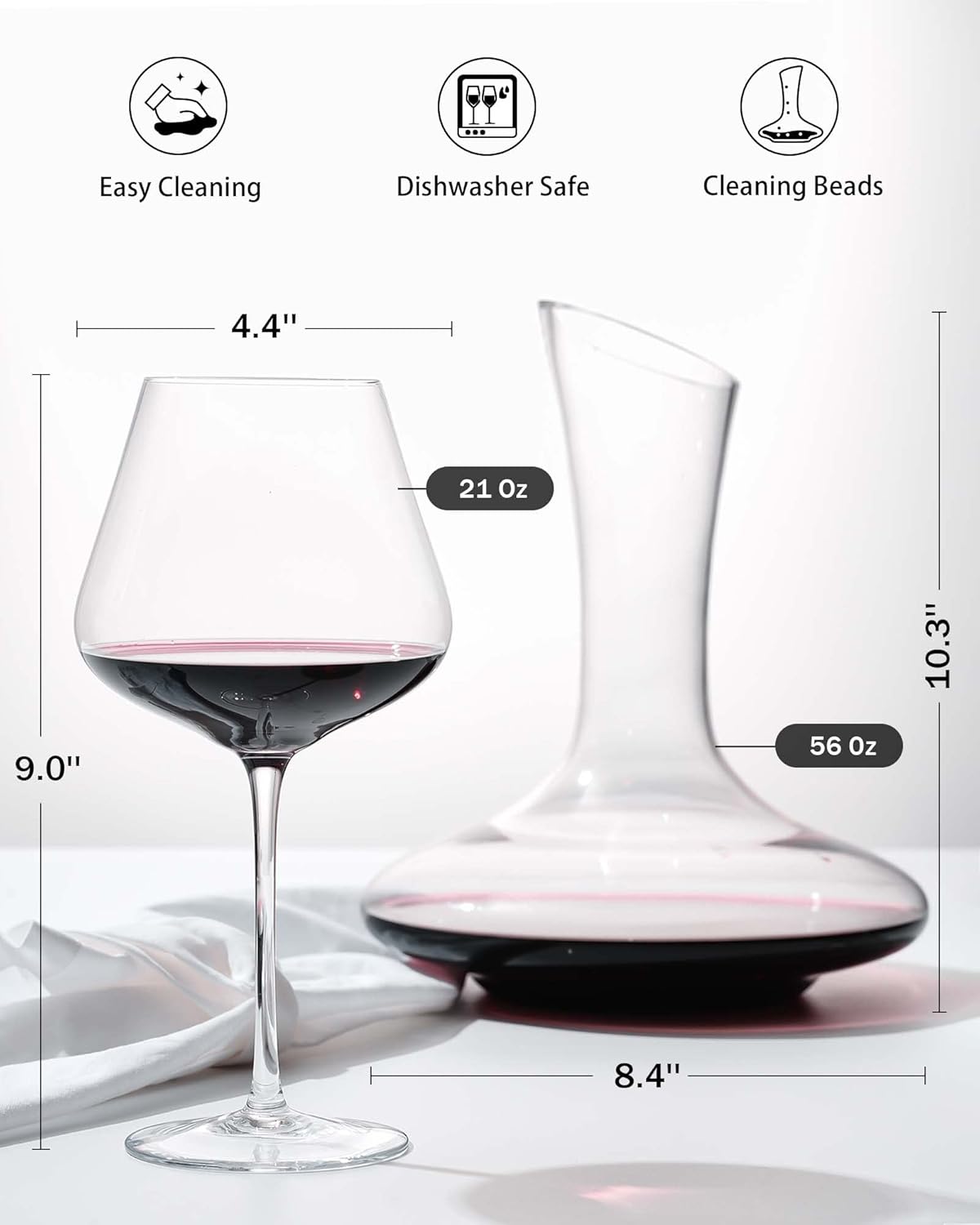 JBHO Full Bottle Wine Decanter with 2pcs Red Wine Glasses and Cleaning Beads, 21 oz Burgundy Wine Glasses, 56 oz Wine Carafe Aerator and Glasses Set, Wine Decanter and Glass Set