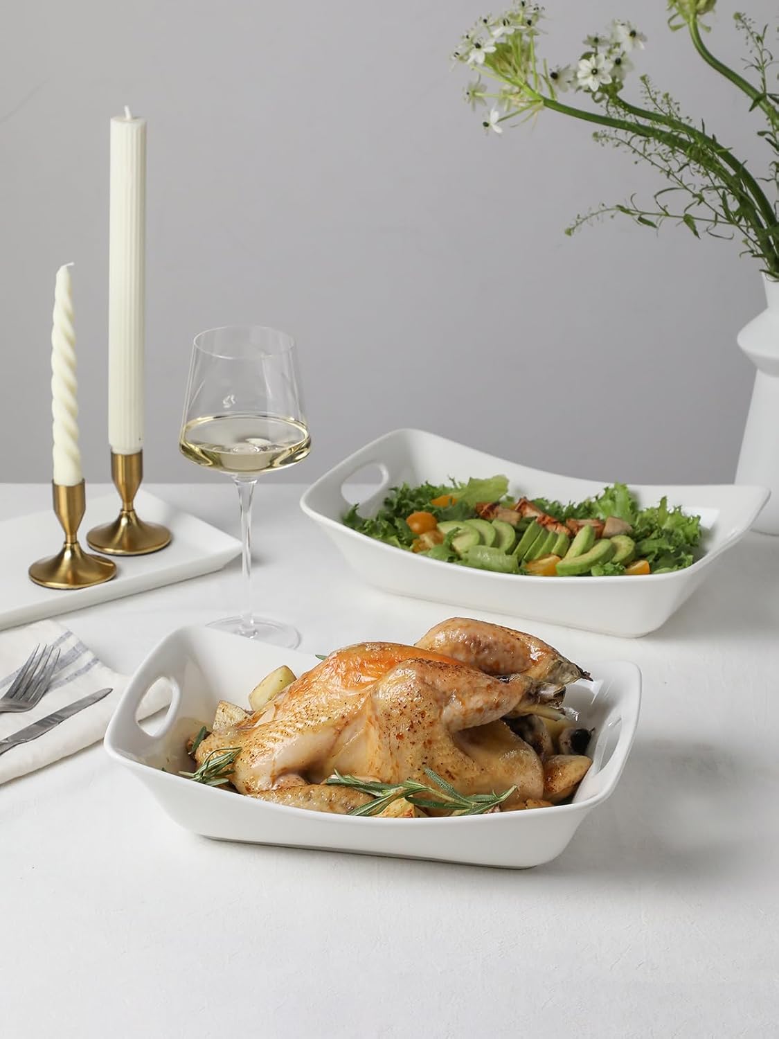 Kanwone Large Serving Bowls with Handles, White Serving Dishes For Entertaining, 1.8 Quarts Porcelain Bowl Set for Turkey, Fruit, Salad, Rectangle Serving Platter for Parites, Thanksgiving, Set of 2