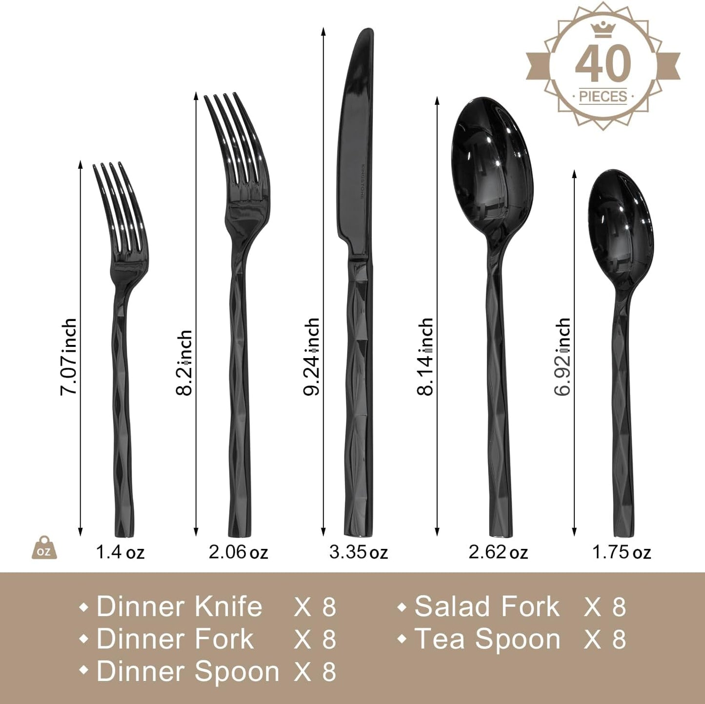 KINGSTONE Black Silverware Set, Luxury 40 Piece Flatware Set for, 18/10 Stainless Steel Cutlery Set with Diamond Cut Pattern for Kitchen, Home, Wedding, Party, Mirror Polished and Dishwasher Safe