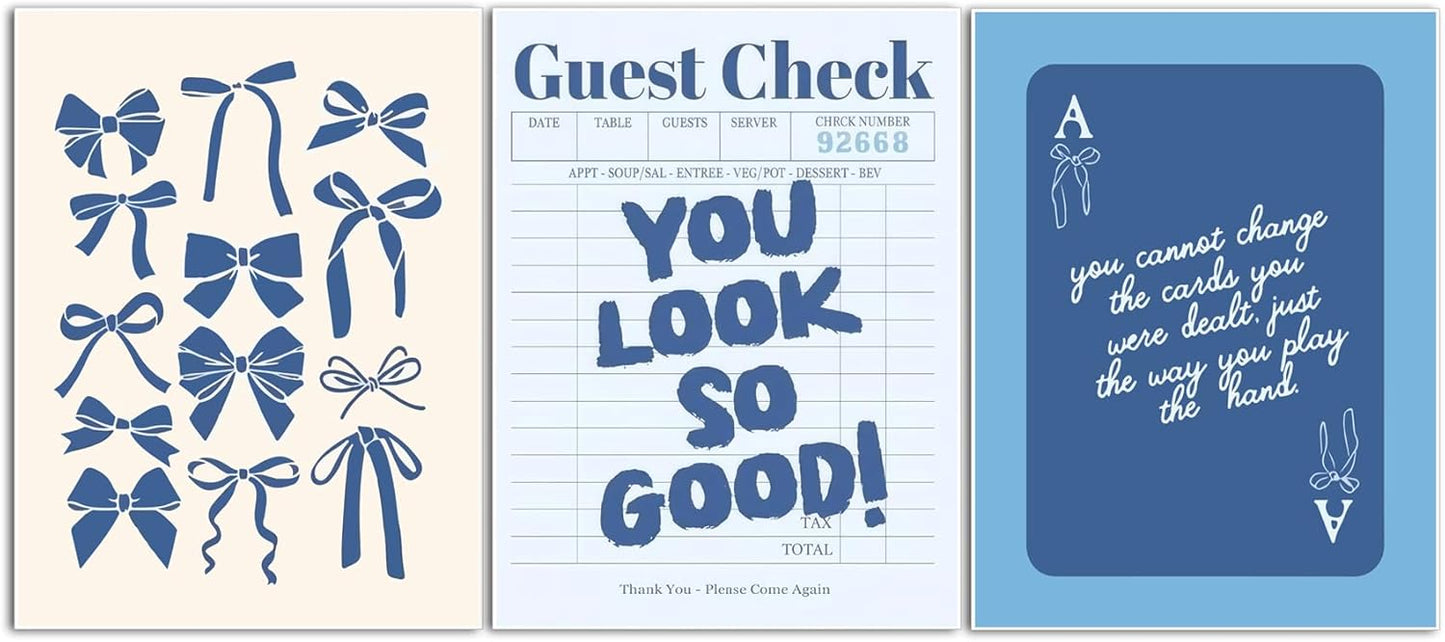 Blue Preppy Wall Art Set of 3 Trendy Navy Bow Posters Retro Guest Check Canvas Prints Poker Painting Minimalist Positive Quote Picture Decor Aesthetic for Living Room Dorm Apartment 16x24in Unframed