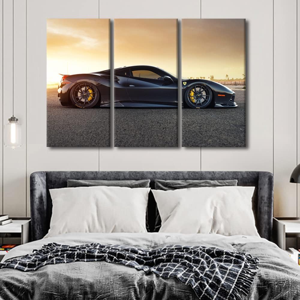 Canvas Wall Art for Boys Bedroom Black Sports Car at Sunset Wall Paintings for Living Room Supercar Office Modern Wall Art Speed Car Pictures Print On Canvas Giclee Framed Ready to Hang, 42"Wx28"H