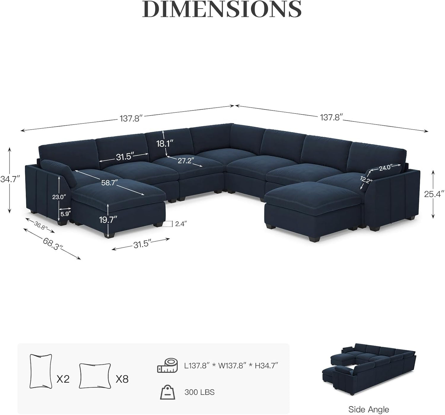 Belffin Oversized Sectional Couch with Movable Ottoman,Modern 137.8" 9-Seater Modular Sectional Sofa,Convertible Velvet U Shaped Sectional Couches for Living Room,Blue
