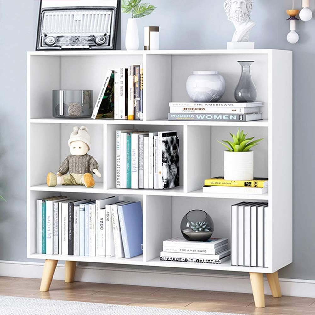 IOTXY Wooden Open Shelf Bookcase - 3-Tier Floorstanding Display Cabinet Rack with Legs, 7 Cubes Free Standing Bookshelf, Warm White
