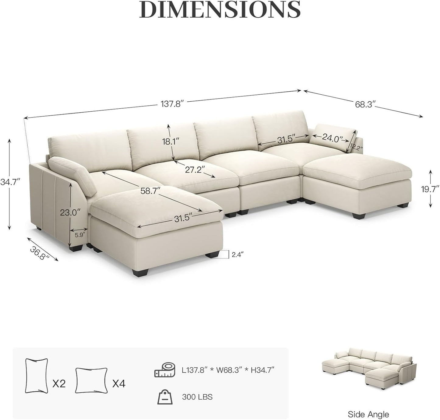Belffin Sectional Couch with Extra Deep Seat,137.8" Cloud Modular Sectional Sofa,Convertible 6-Seater U Shaped Couches for Living Room,Oversized Comfy Velvet Beige Couch