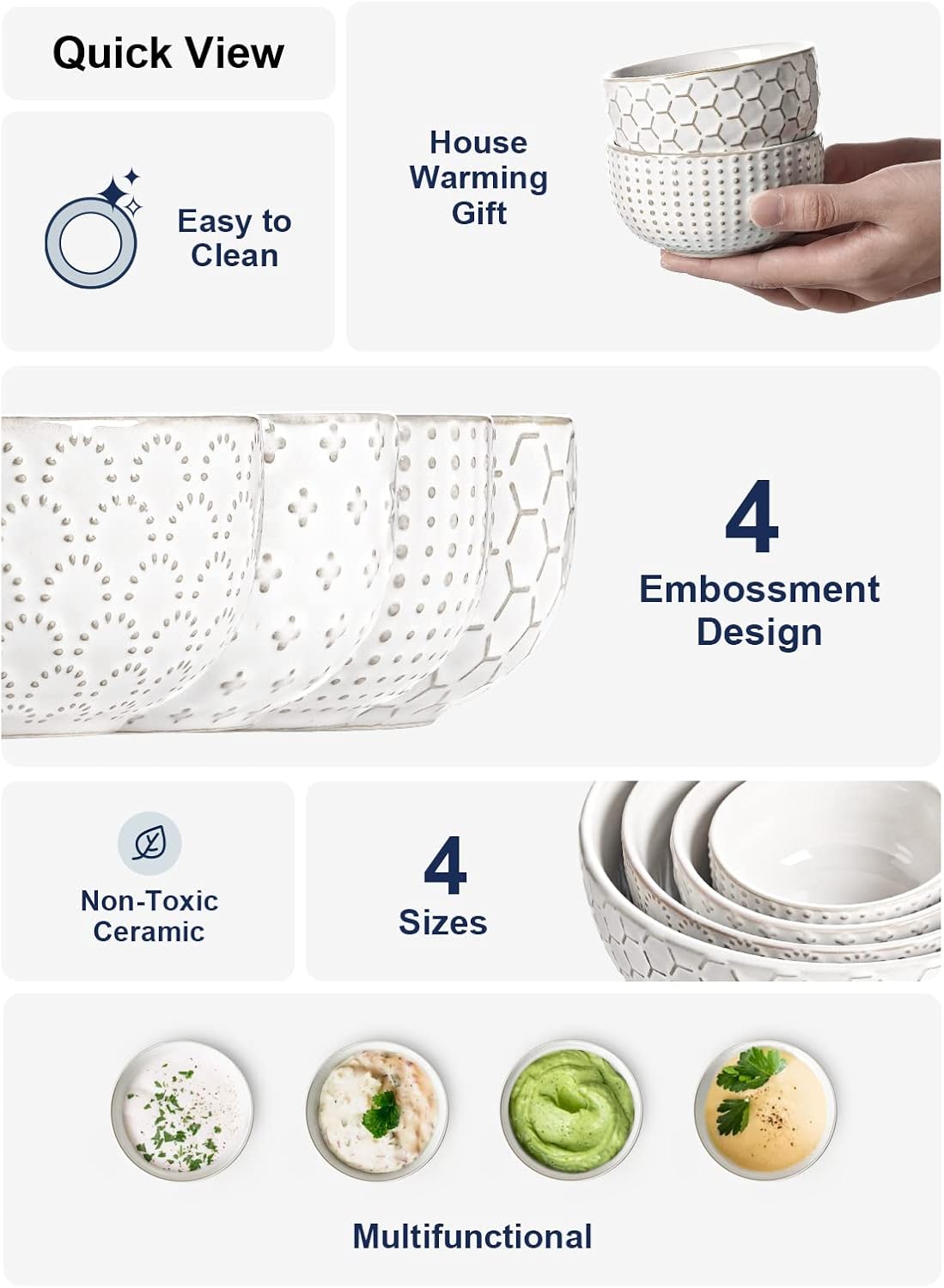 LE TAUCI 3.5 Inch Small Bowls, TINY Embossed Ceramic Dip Bowls, Sauce Dishes, Condiment Cups for Appetizers, Sushi Soy Sauce, Dessert, Ice Cream, Oven & Dishwasher Safe - Set of 4, Arctic white