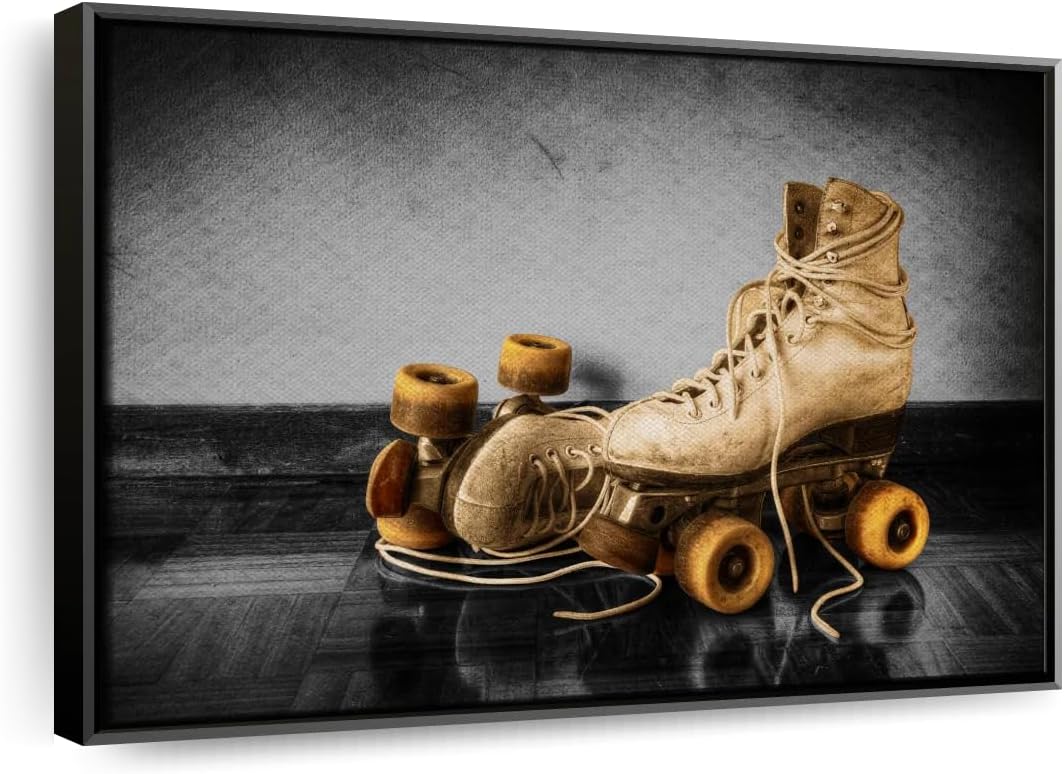 ElephantStock Vintage Skates Pop Wall Art - Horizontal Framed Canvas - 1-Piece Living Room Wall Decor - Sport Photography Canvas Print - Beige and Black Decor for Wall - 37" X 25"