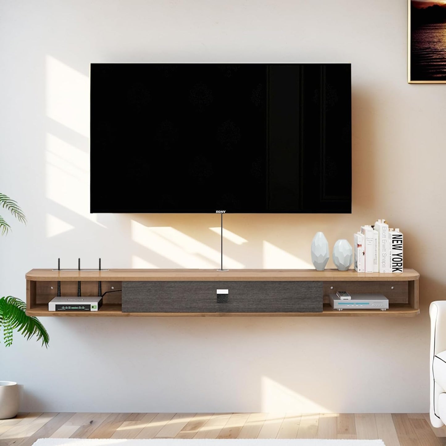 Pmnianhua Floating TV Shelf, 94'' Wall Mounted TV Stand Floating TV Console Media Entertainment Under TV Shelf for Bedroom Living Room (Walnut)