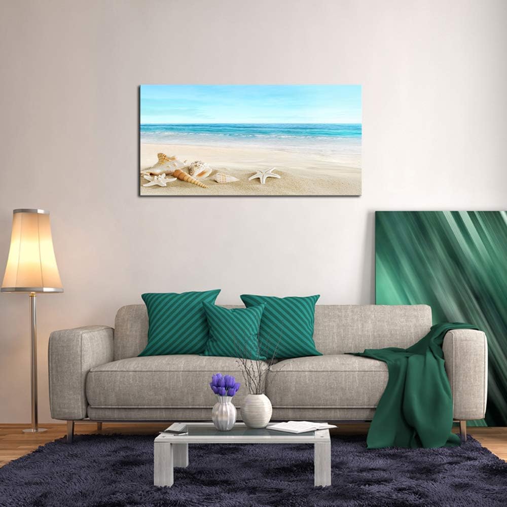 DZL Art S73962 Beach Picture Decor Ocean Painting Canvas Wall Art Prints of Starfish and Seashell on Sandy Seaside Ready to Hang for Living Room Bedroom Office Wall Decor Home Decoration