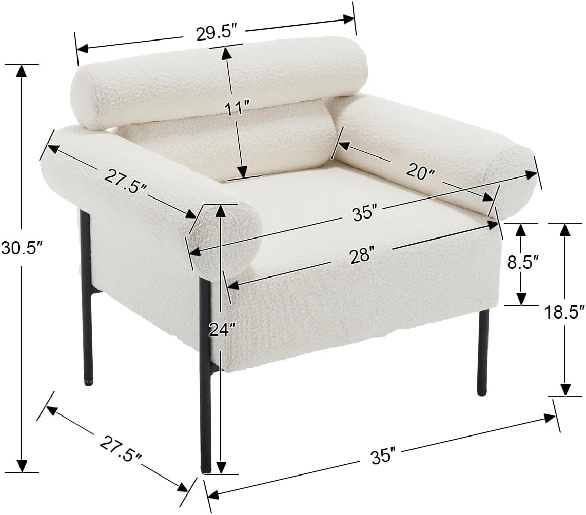 Modern Accent Chair, Boucle Sofa Accent Chair for Living Room, Upholstered Sherpa Mid-Century Modern Armchair, Oversized Reading Chair with Channel Tufted for Bedroom, Office, White