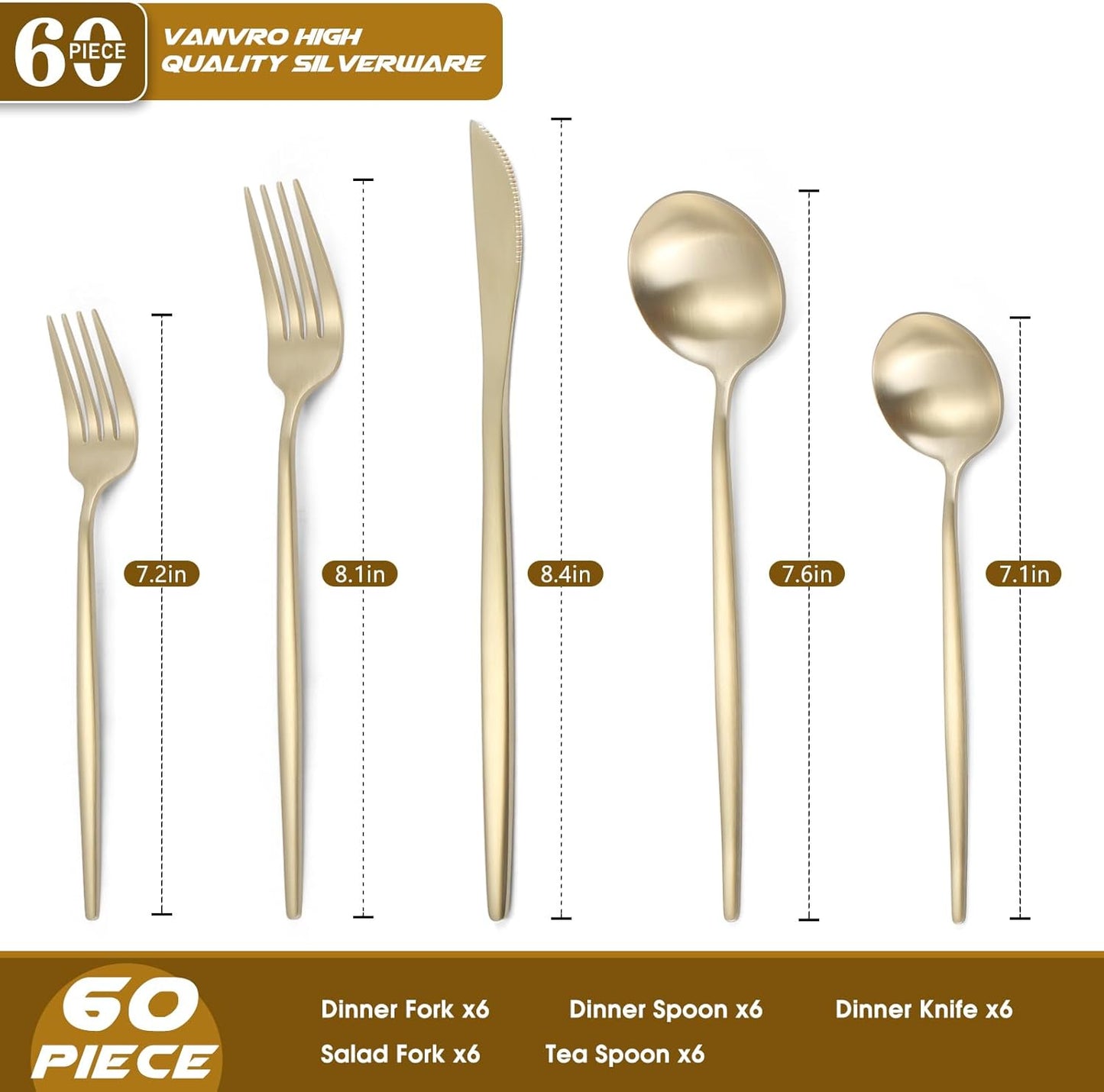 Matte Champagne Gold Silverware Set, 60-Piece Stainless Steel Flatware set, Service for 12, Tableware Cutlery Set, Satin Finish,Utensils for Kitchen, Dishwasher Safe