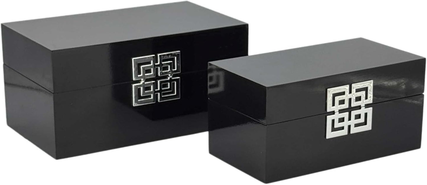 Galt International Storage Box Set Decorative Storage Box w/Hinged Lid Classic Design Wood Decor Boxes with Geometric Clasp Storage for Bedroom & Home - Set of 2 (Black & Silver)