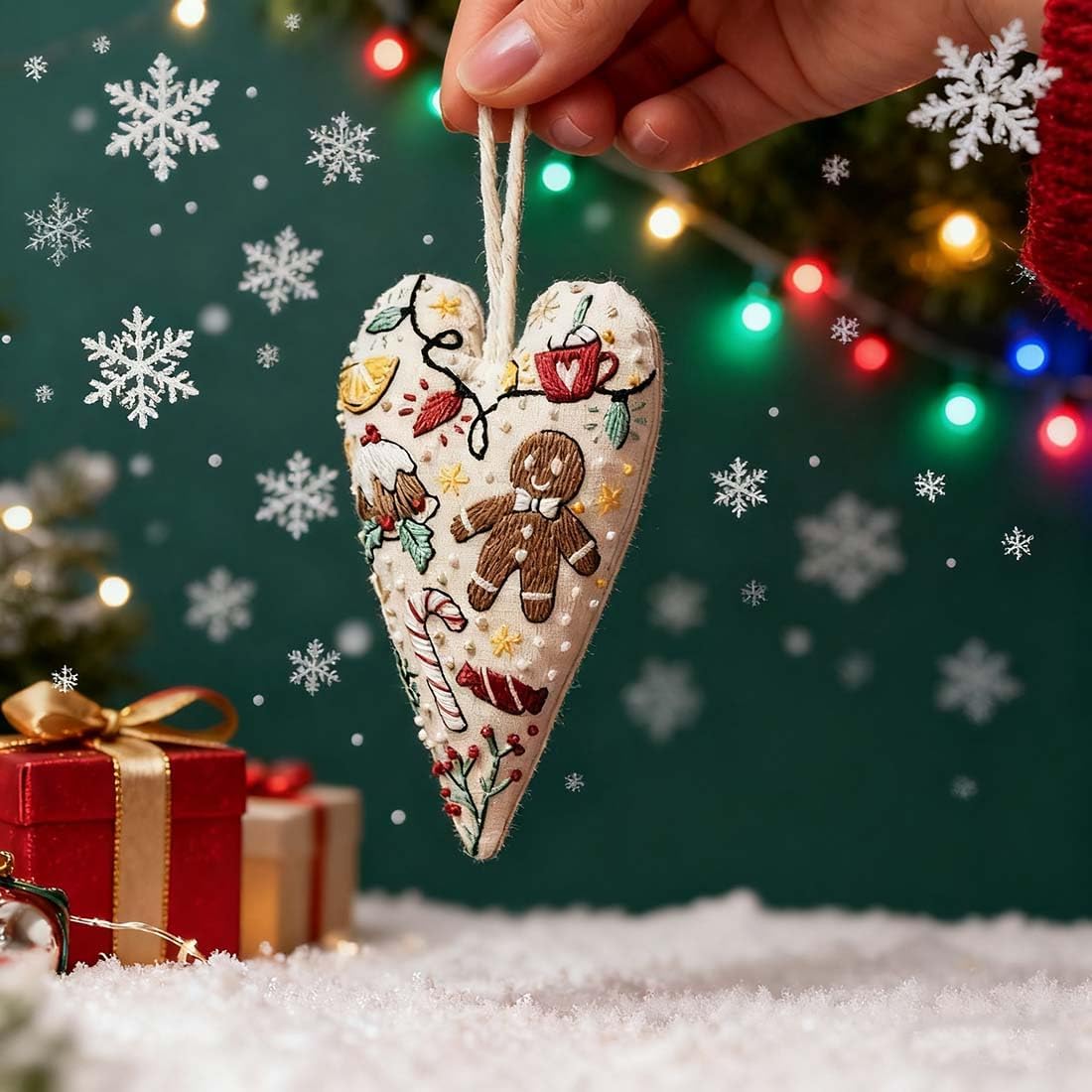Christmas Ornament Embroidery Kit, DIY & Finished Heart Shaped Hand Embroidered Christmas Ornament/Ornament Kit, Beginner Friendly Cross Stitch Craft Set with Needles Thread (Finished)