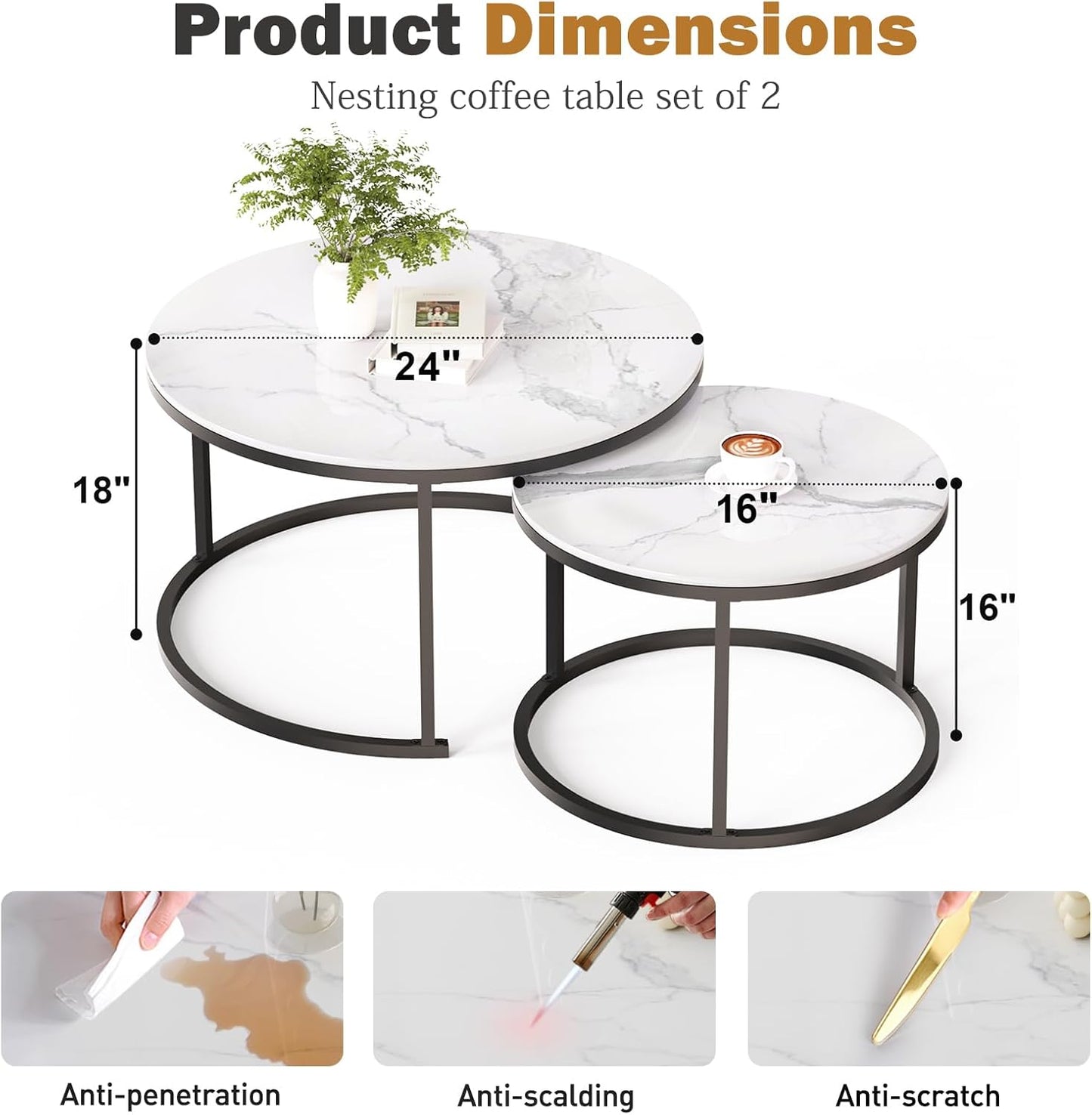 Round Nesting Coffee Table, White Modern Decorative Coffee Center Table Set of 2,Round Sintered Stone 24'' Coffee Table for Living Room with Sturdy Metal Frame.