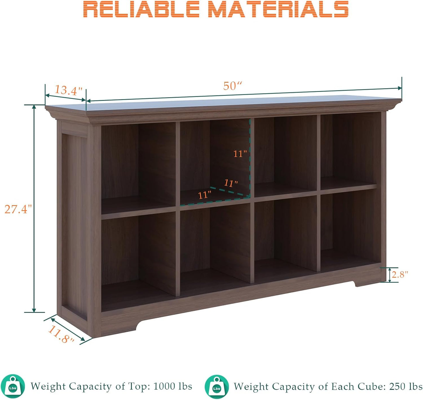 Cube Shelf Bookcase with Base - Wooden 2 Tiers Floor Standing Low Storage Cabinet for Home and Office, 8-Cube Lattice Bookshelf, Walnut