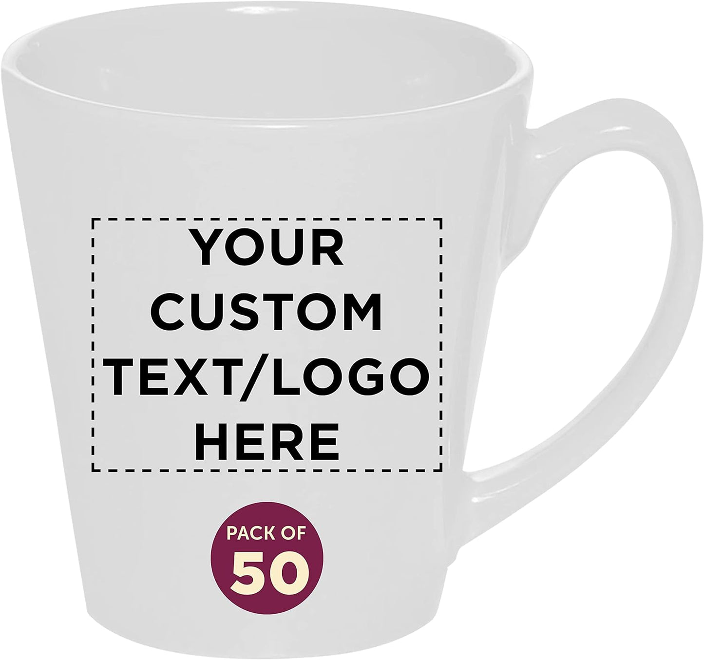 DISCOUNT PROMOS Custom Glossy Ceramic Latte Coffee Mug 12 oz. Set of 50, Personalized Bulk Pack - Perfect for Tea, Espresso, Cappuccino, Hot Cocoa - White