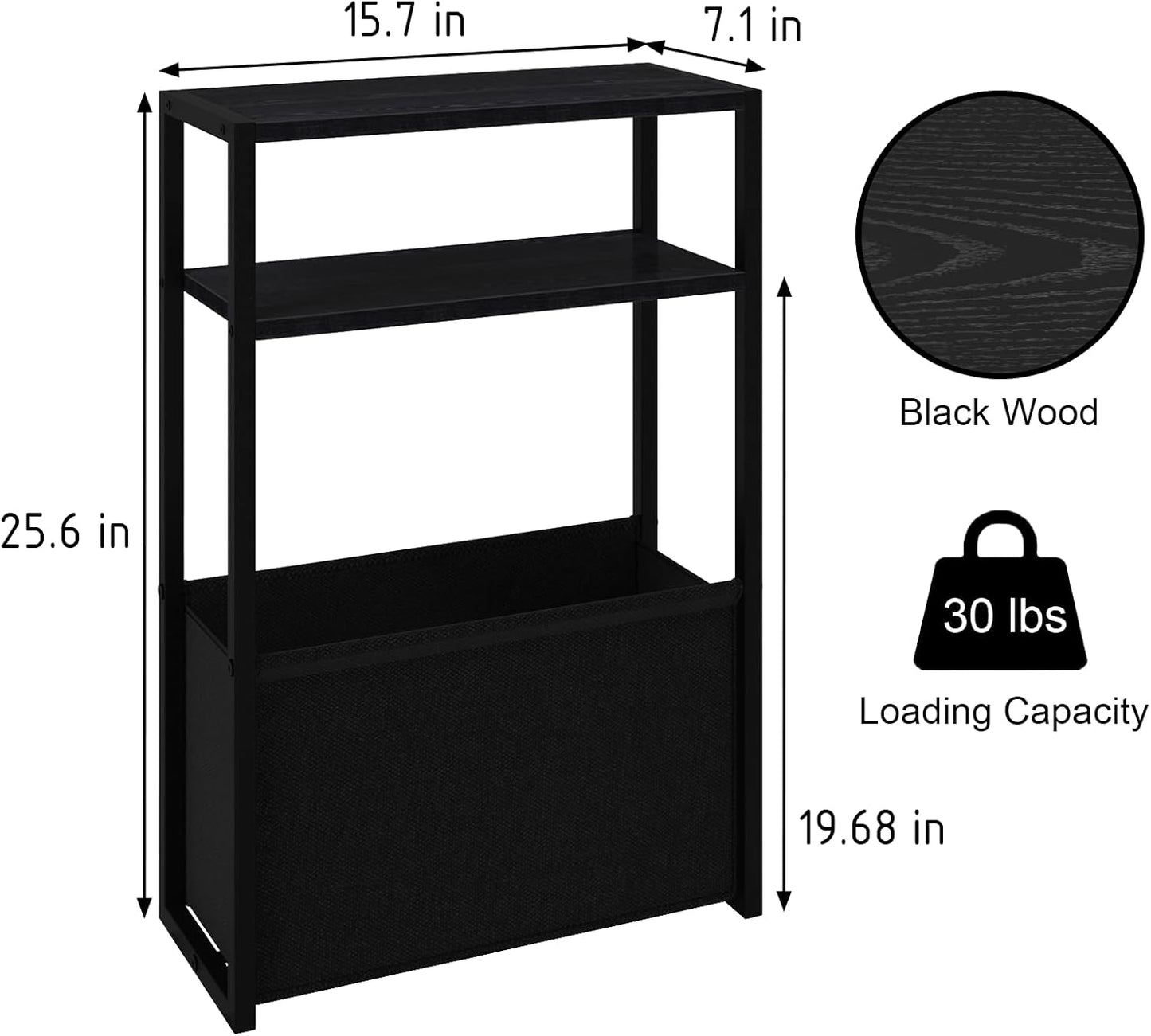 Black Side Table, Slim Side Table with Magazine Rack, Bathroom Table for Small Spaces, Narrow Bedside Table for Living Room, Bedroom