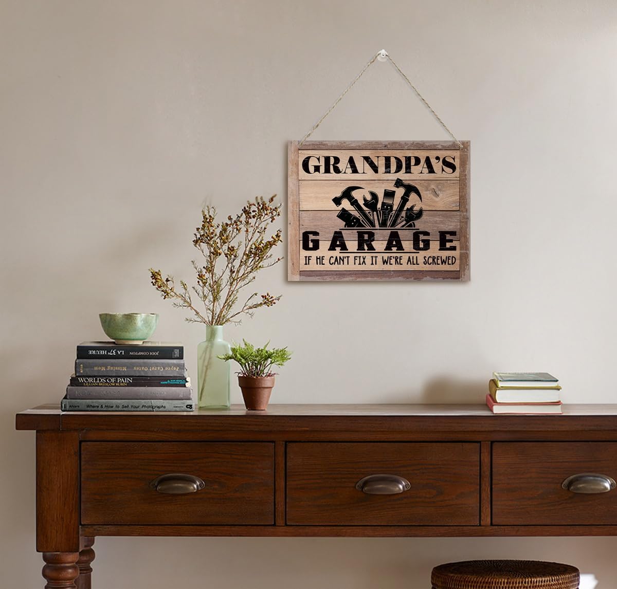 BQL Rustic Wood Sign, Father's Day Gift, Grandpa's Gift, Decor Hanging Wood Sign, 8X10inch, Printed Wood Wall Art Sign, Grandpa's Garage, If He Can't Fix It We're All Screwed