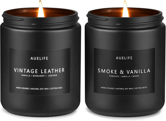 2 Pack Men Candles | Smoke & Vanilla + Vintage Leather - Scented Candles for Men - Masculines Candle - Soy Candle for Home Scented, Man Gifts, Black Jar - 7oz