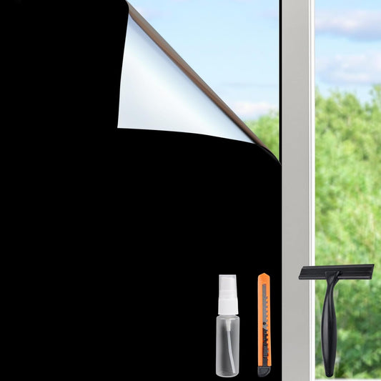 HIDBEA Mirror Blackout Window Film,100% Light Blocking Room Darkening Window Privacy Film,Mirror Glass Window Film Heat Control, Removable Window Cover Tint for Day Sleep (Mirror Black,17.7in x 6.5ft)