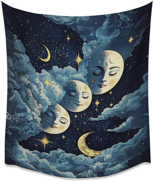 Blue Moon Faces Tapestry Celestial Wall Art Dark Academia Aesthetic Print Stars Clouds Tapestries Wall Hanging whimsical Gothic Home Decor for Bedroom Living Room 50x60inch