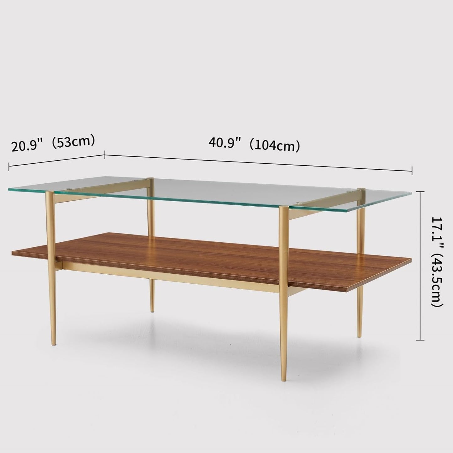 Rectangle Coffee Table, Mid-Century Modern Design, L41 W21 x H17, for Living Room, 2-Tier Structure, Clear Glass Top and Walnut MDF Shelf, Sleek Conical Metal Legs with Gold Finish