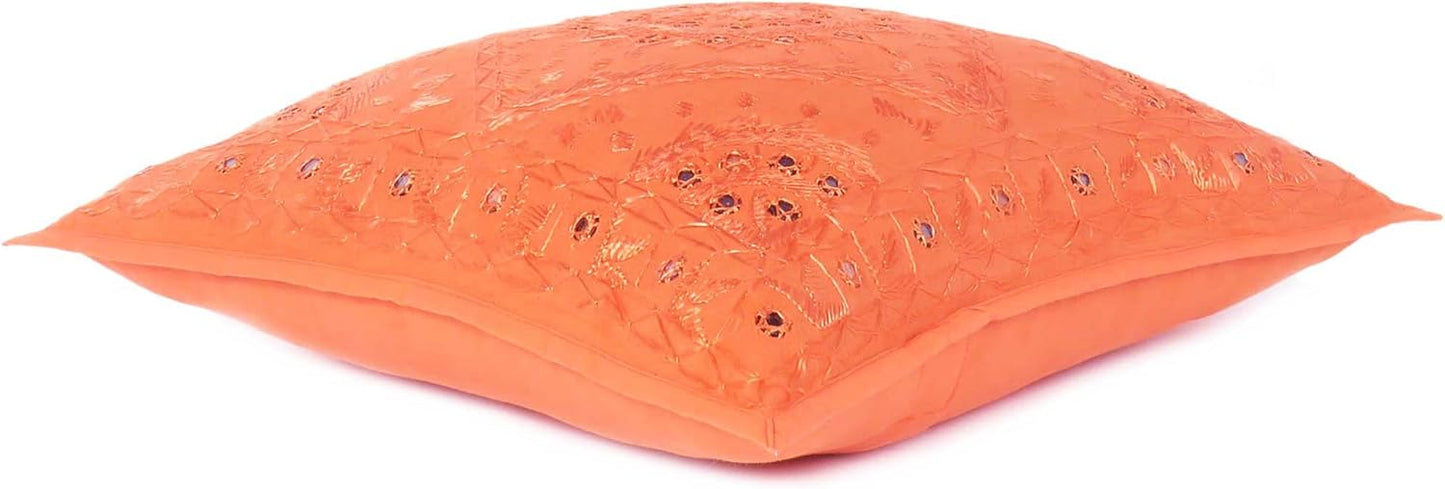 Eyes of India Embroidered Decorative Boho Throw Pillow Cover with Mirrors, Handmade Bohemian Accent Cushion Case for Sofa Couch Bedroom Living Room (Orange, 24" x 24")